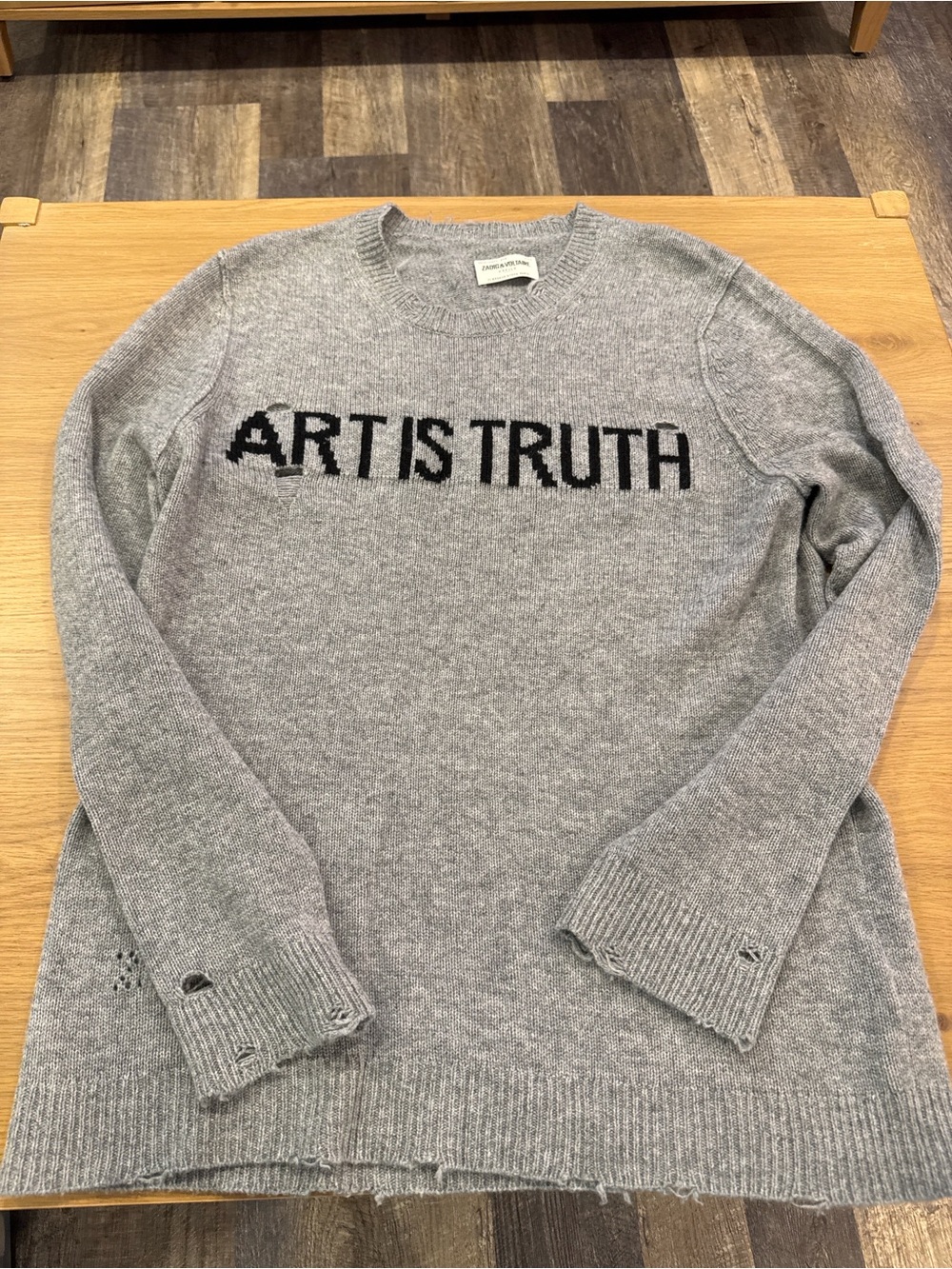 Zadig & Voltaire Gray Crewneck Sweater with Black 'ART IS TRUTH'
